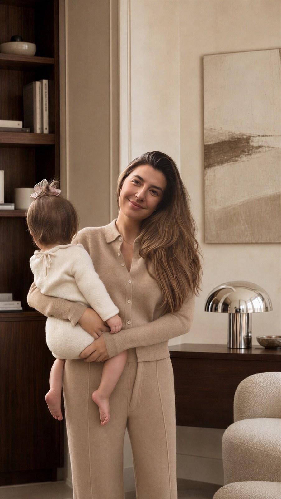 Melanie, founder of ama. Studio, holding her child at home